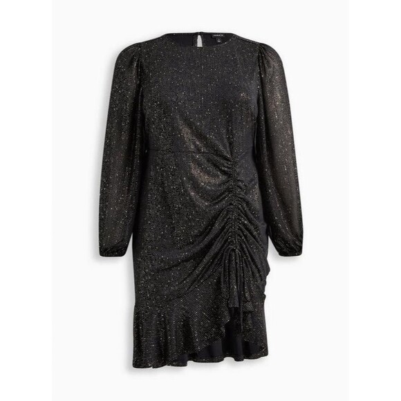 Torrid Dresses & Skirts - TORRID 5X(28) Black Gold Fit & Flare Mini Studio Knit Ruched Dress Crew Neck